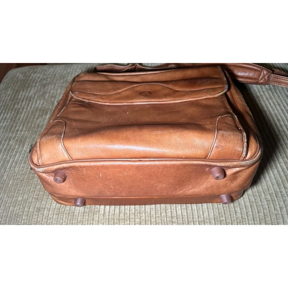 Full Grain Leather Briefcase Laptop Bag Tan Cognac Double Zip